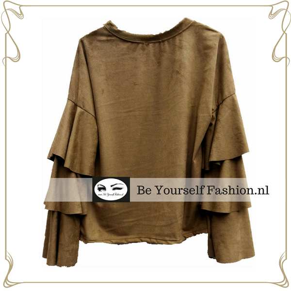Suéde look blouse licht camel kleur 1 maat L draagbaar tot borstomvang 103 cm